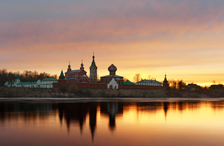 Saint Nicholas Monastery for Men in Staraya Ladoga, view from a bank of Volkhov river at sunsetの写真素材