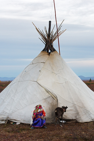 Nomad camp, Yamal peninsula, Russia-September 22, 2018: Chin with young reindeer.のeditorial素材