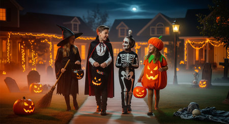 Four children dressed in Halloween costumes, a witch, vampire, skeleton, and pumpkin, walk down a sidewalk lined with homes decorated for Halloween. The children are carrying jack o lantern buckets.の素材