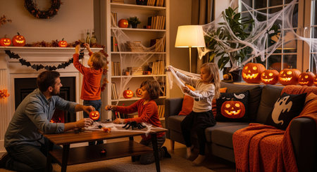 A father and three children decorating their home for a Halloween celebration with pumpkins, spider webs, and bat garlands, creating a warm and festive atmosphere.の素材