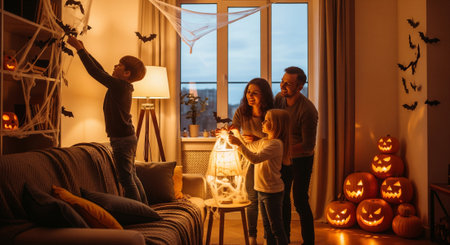 A happy family is decorating their home for Halloween, putting up bats, spider webs, and illuminated pumpkins. The warm light and cozy atmosphere create a festive mood as they prepare for a fun Halloween celebration.の素材