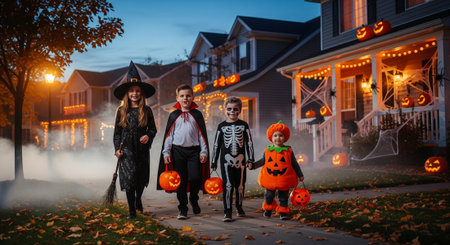 Four children dressed in Halloween costumes trick or treating at dusk, walking up to houses decorated with pumpkins, spider webs, and lights. Halloween night scene.の素材
