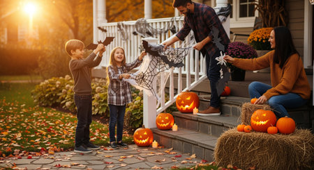 A cheerful family is decorating their house with Halloween ornaments, including pumpkins, bats, and spiderwebs, preparing for a spooky and festive celebration in autumn.の素材