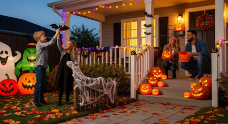 Family celebrating Halloween at their decorated house in the evening, with illuminated pumpkins and inflatable ghosts. Children playing with a bat, parents holding pumpkins, creating a festive atmosphere.の素材