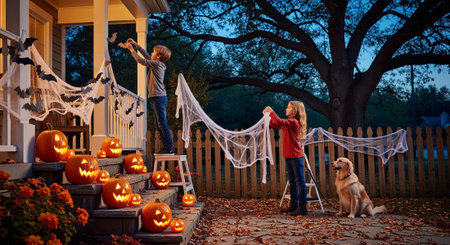 Two children are decorating the front of their house for Halloween with spider webs and bat cutouts. Several glowing jack-o'-lanterns adorn the steps, and a dog watches the scene.の素材