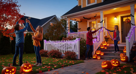 A family is decorating their house with pumpkins, bats, and lights for a Halloween celebration in the evening.の素材