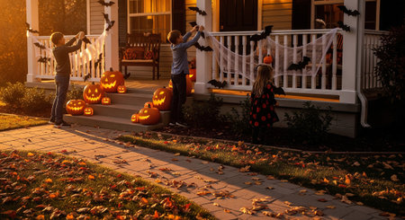 A heartwarming scene captures the spirit of Halloween as two boys and a little girl adorn their house with festive decorations during the golden hour. Lit pumpkins, bats, and spiderwebs set the scene for a spooky yet joyful occasion.の素材