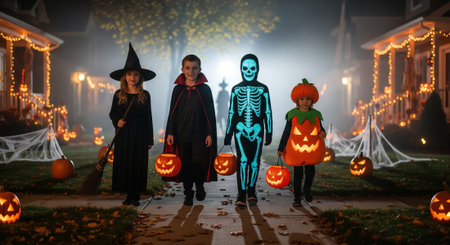 A group of children dressed in Halloween costumes trick or treating, walking along a sidewalk in a suburban neighborhood, with decorated houses in the background.の素材