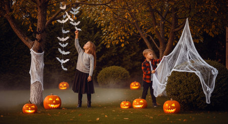 Two children, a girl and a boy, decorate the garden for Halloween. They are hanging bat garland and cobweb. Pumpkins with scary faces are glowing in the dark on the ground.の素材
