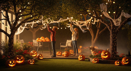 A warm and inviting Halloween night scene featuring children decorating trees with spooky decorations, surrounded by glowing jack-o'-lanterns and a friendly dog in a festive outdoor setting.の素材