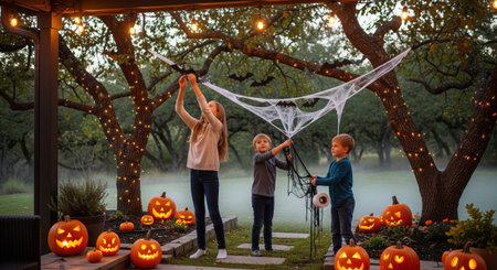 Three cheerful children, a girl and two boys, decorate a garden with pumpkins, spider web and string lights, preparing for a festive Halloween celebration.の素材
