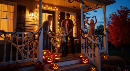 A happy family is decorating the front porch of their house for Halloween. They are putting up bats, spider webs, and pumpkins. The house is decorated with lights and other Halloween decorations.の素材