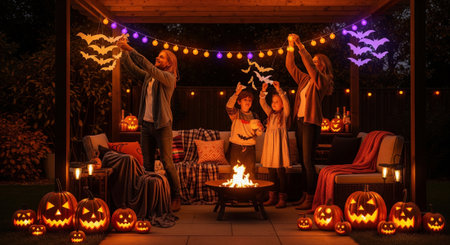 A joyful family is decorating their backyard patio for Halloween. They are hanging up string lights and paper bats, with carved pumpkins and a fire pit creating a warm and festive atmosphere in the dark night.の素材
