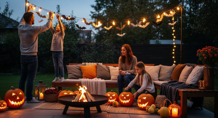A happy family is getting ready for Halloween, decorating their backyard with carved pumpkins, string lights, and bat decorations under a twilight sky. They are enjoying the festive atmosphere and spending quality time together.の素材