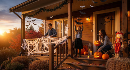A family decorates their porch for Halloween, with pumpkins, bats, cobwebs, and a scarecrow, with warm tones and autumn colors.の素材