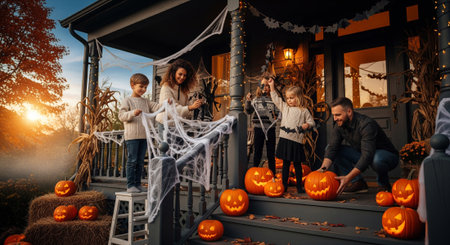 A family is decorating their porch with carved pumpkins, spider webs, and other spooky decorations to celebrate Halloween. The scene captures the joy and excitement of the holiday season.の素材