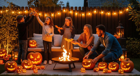 A family is enjoying a cozy Halloween evening in their backyard, sitting around a fire pit surrounded by carved pumpkins and hanging paper bats. The scene is illuminated by string lights and the warm glow of the fire.の素材