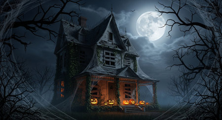 A chilling illustration of a haunted mansion set against a full moon backdrop on a dark night. Decorated with glowing pumpkins and spiderwebs, perfect for Halloween themed designs.の素材
