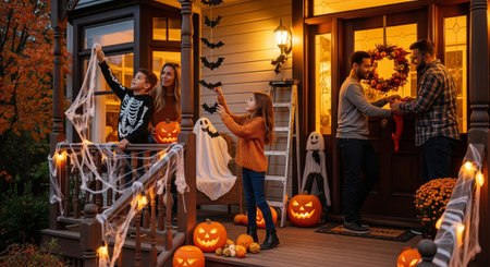 A diverse family decorates their porch for Halloween with pumpkins, bats, spider webs, and ghost figures. They are laughing and enjoying the holiday spirit.の素材