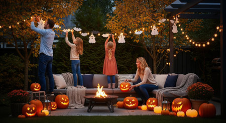 A family enjoys decorating their backyard patio with Halloween lights, paper ghosts, pumpkins, and a cozy fire pit, preparing for a fun and spooky Halloween party.の素材