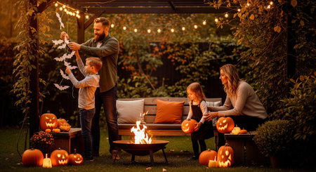 A loving family celebrates Halloween in their cozy backyard, decorating with paper bats, carved pumpkins, and a warm bonfire on a chilly evening.の素材