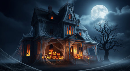 A mysterious mansion with cobwebs, lit jack-o-lanterns, and a full moon. This image creates a spooky and atmospheric mood, perfect for Halloween or horror themed projects.の素材