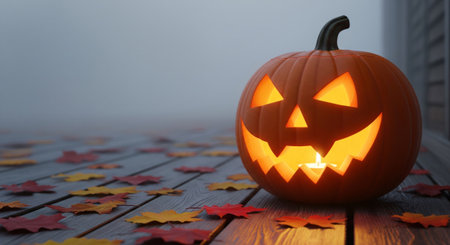 A spooky, festive image featuring a carved pumpkin with a candle inside, glowing with an eerie light. Autumn leaves are scattered across a wooden deck, adding to the Halloween atmosphere. The background is softly blurred with the fog effect.の素材