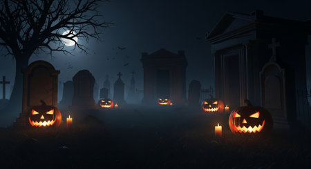 A dark and atmospheric Halloween night scene featuring glowing jackolanterns and tombstones in a misty cemetery under a full moon. Great for seasonal holiday cards, digital backgrounds, and scary decorations.の素材
