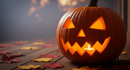 A close-up shot of a spooky, carved pumpkin jack o lantern, glowing from within, sitting on a wooden surface surrounded by autumn leaves. Perfect for Halloween or Thanksgiving themed designs.の素材