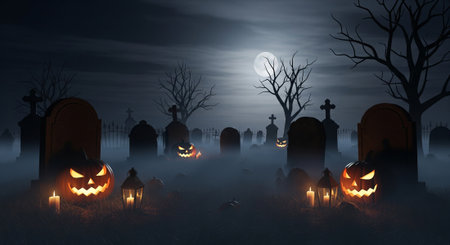 A chilling Halloween scene featuring a graveyard with tombstones, glowing pumpkins, lanterns, and bare trees shrouded in fog under a bright moonlit sky. Perfect for Halloween themed designs and eerie backgrounds.の素材