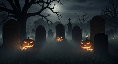 Halloween background with scary pumpkins and graveyard. 3d renderingの素材