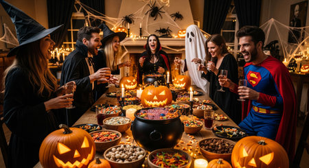 A group of friends are gathered around a festively decorated table for a Halloween party. They are dressed in various Halloween costumes, enjoying food, drinks, and each other's company in a warm and inviting setting. Pumpkins, candles, and spooky decorations adorn the scene, creating a fun and celebratory atmosphere.の素材