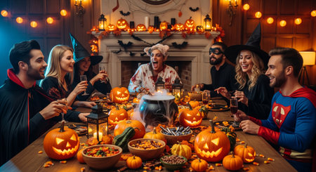A group of friends in various Halloween costumes are enjoying a festive party. Pumpkins, candles, and spooky decorations adorn the table and fireplace, creating a fun and cheerful atmosphere.の素材