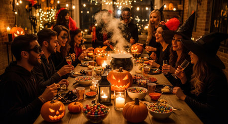 Group of friends having fun on Halloween party. Group of young people having fun and celebrating at home.の素材