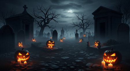 Halloween background with pumpkins and cemetery. 3D rendering.の素材
