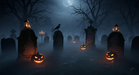 Halloween background with pumpkins and cemetery. 3d rendering.の素材
