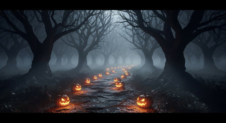 Halloween background with pumpkins in the dark forest. 3d renderの素材