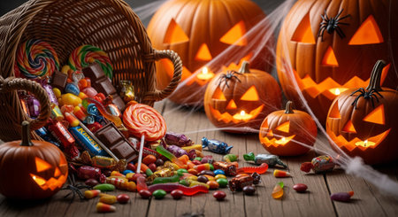 Halloween candies, lollipops and sweets on wooden backgroundの素材