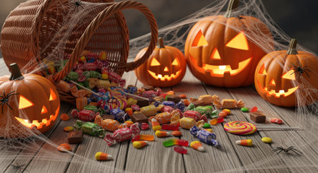 Halloween candies and sweets on wooden background, 3d renderの素材