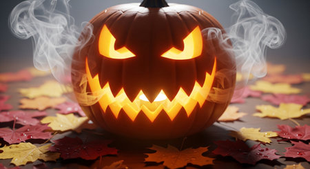 Halloween pumpkin with smoke and autumn leaves, 3d render illustrationの素材