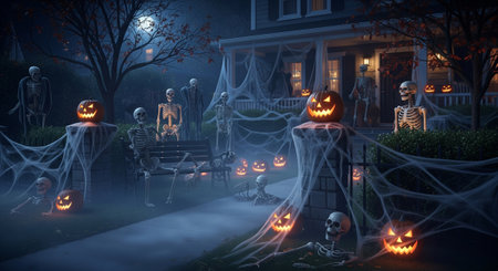 A chilling Halloween display at night featuring skeletons and glowing jack-o'-lanterns adorning a house, creating a spooky and festive scene.の素材