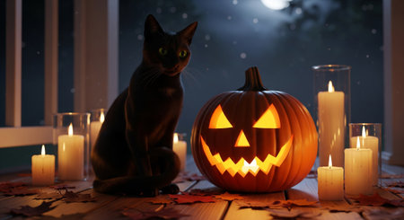 A dark and atmospheric scene featuring a sleek black cat sitting next to a glowing jackolantern pumpkin and several lit candles on a wooden porch at night. Scattered autumn leaves add to the spooky seasonal ambiance.の素材