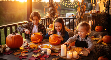Three cheerful kids are sitting at a table outdoor, carving spooky pumpkins for Halloween decoration in a warm and festive atmosphere.の素材