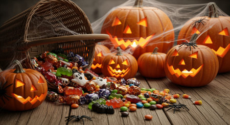 A festive Halloween arrangement featuring carved jack o'lantern pumpkins, a spilled basket of colorful candies, and decorative spider accents on a rustic wooden surface. Perfect for seasonal designs, holiday promotions, and spooky themed projects.の素材