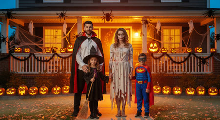 A happy family dressed in various spooky costumes standing in front of their house decorated for Halloween night. A man in vampire costume, a woman in zombie costume, a girl in witch costume, a boy in superhero costume.の素材