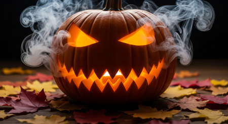 Halloween pumpkin with smoke and autumn leaves on a wooden background.の素材