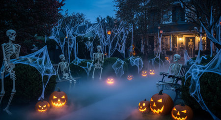 A Halloween night scene featuring a house decorated with skeletons, pumpkins, and spider webs. Fog adds to the eerie atmosphere, with jack o'lanterns glowing in the dark. Perfect for Halloween themed content and seasonal events.の素材