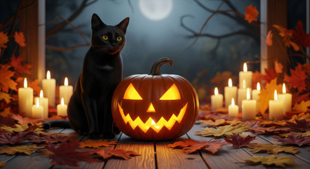 A dark and moody scene featuring a sleek black cat sitting beside a glowing jack o'lantern pumpkin. Candles and autumn leaves complete the Halloween atmosphere.の素材