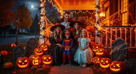 A family of five dressed in Halloween costumes sitting on the porch of a house decorated with pumpkins, tombstones and cobwebs. They are smiling and looking at the camera, creating a warm and inviting atmosphere. This seasonal image captures the spirit of Halloween and family fun.の素材