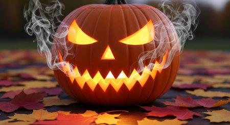 A festive image of a carved jack o lantern with a scary face and glowing light, surrounded by smoke and colorful autumn leaves. Perfect for Halloween themed designs.の素材